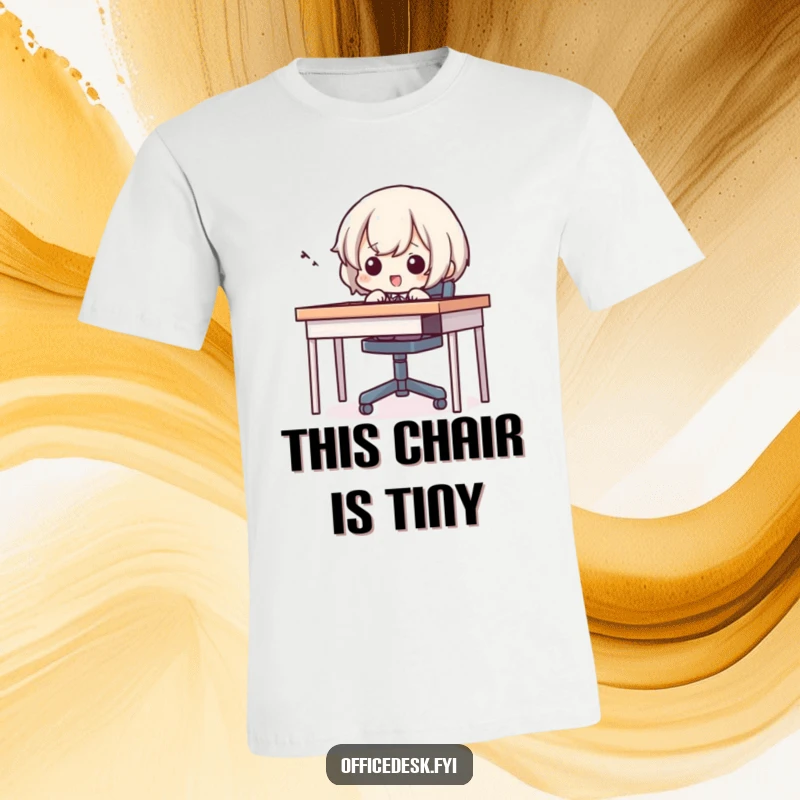Funny t-shirt depicting a small character comically trying to squeeze into a comically small chair with an audible squeal.