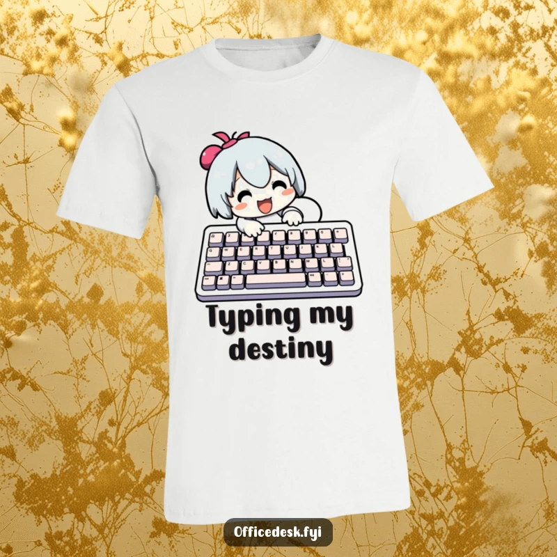 Funny T-Shirt: Small character energetically typing on a comically large keyboard, showcasing dedication and tech humor. A great funny gift.
