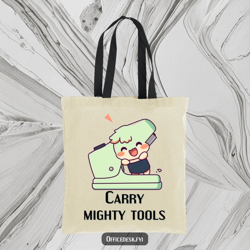 Funny tote bag with a cheerful character attempting to use a giant stapler, symbolizing big goals and humorous drive.