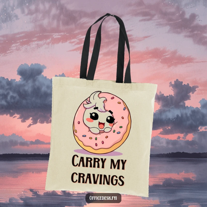Funny Tote Bag: A cute, goofy character happily carrying an enormous, beautifully decorated donut, symbolizing sweet indulgence.