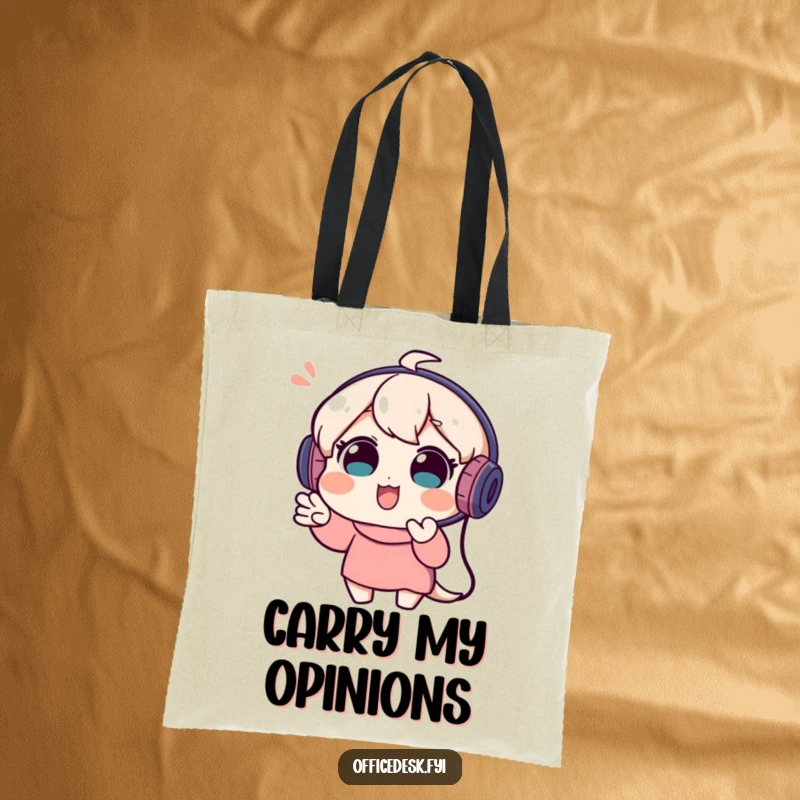 Funny tote bag with a playful character wearing a headset, enthusiastically gesturing during a video call, representing lively communication.