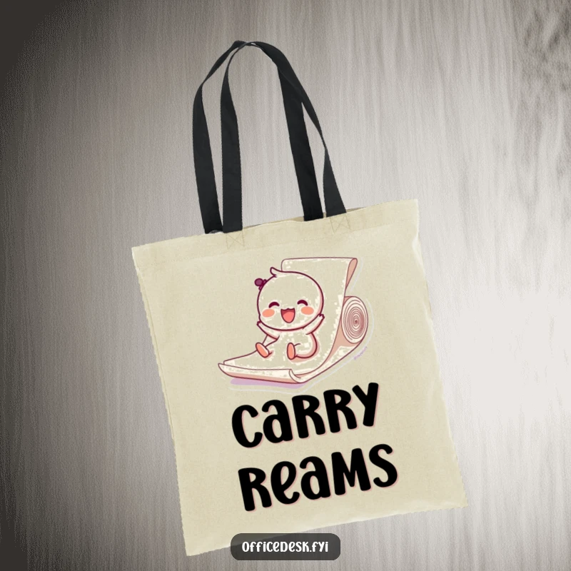 Funny tote bag with a happy character sliding down a paper ream, symbolizing joy and lighthearted adventure. Practical and amusing.