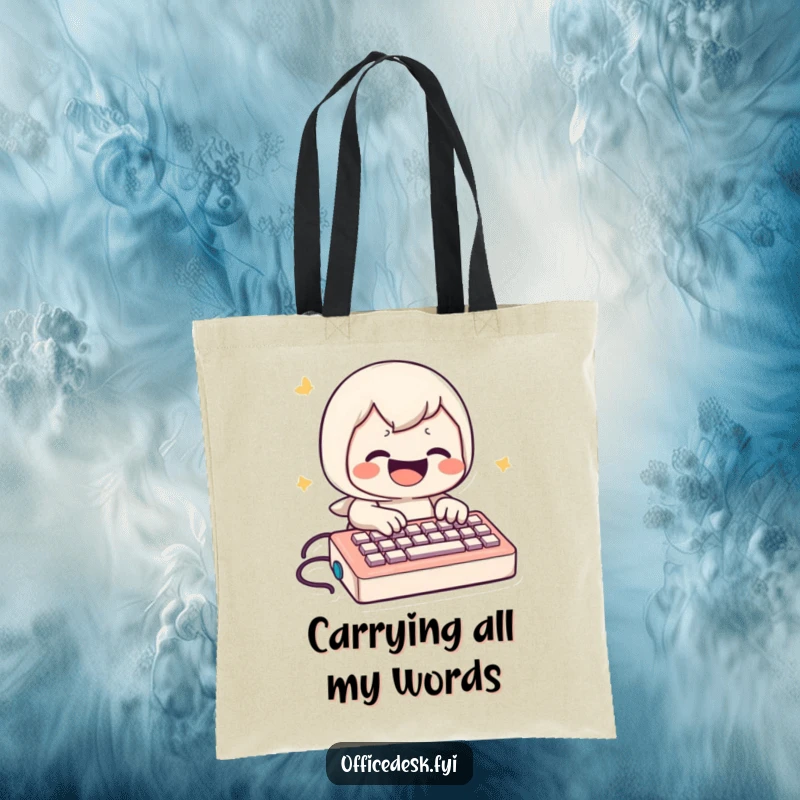 Funny Tote Bag: Playful character joyfully types with intense speed on a miniature keyboard.