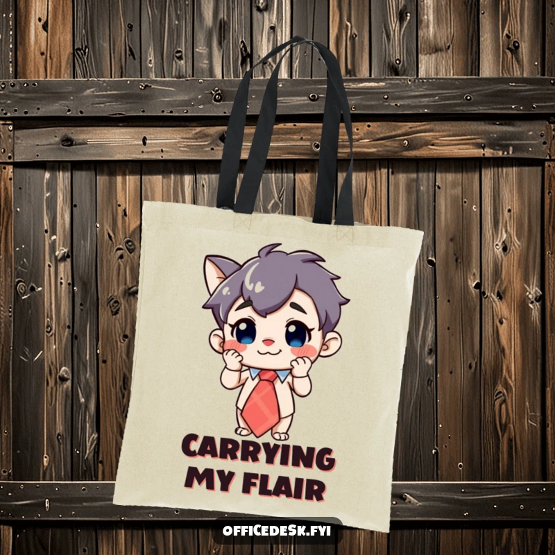 Funny Character Tote Bag: A curious character with a grin, adjusting a large, whimsical tie, a stylish and humorous accessory.