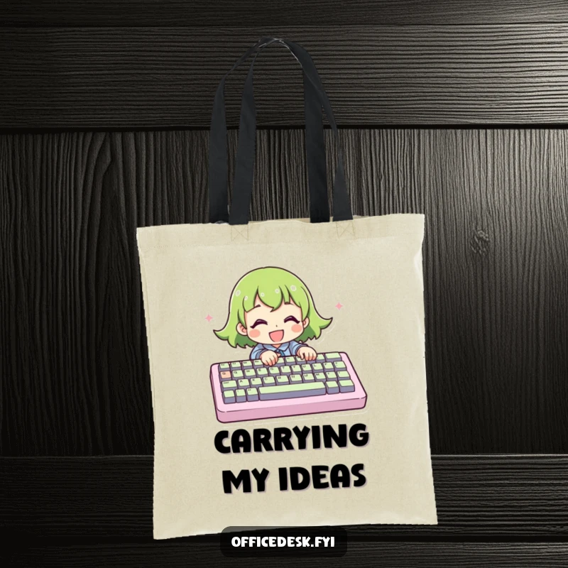 Funny Tote Bag: A person enthusiastically typing on a keyboard that is disproportionately large, showcasing tech fun.