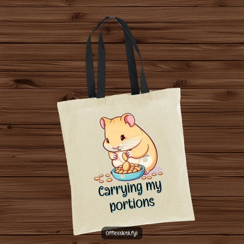 Funny tote bag featuring a determined hamster carefully measuring exactly one seed on a tiny scale, symbolizing meticulous planning and purpose.