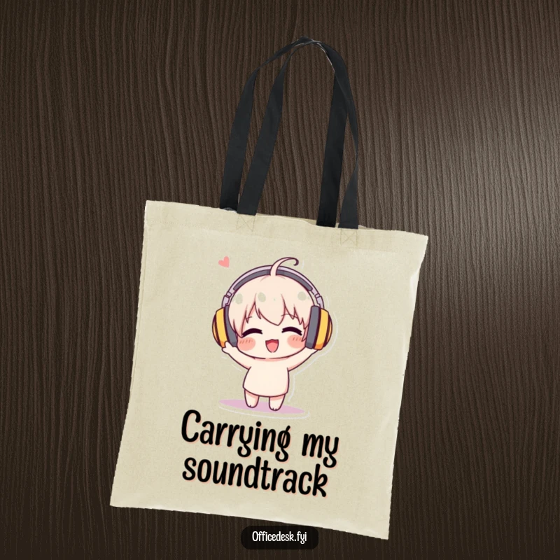 Funny tote bag with a character wearing oversized headphones, joyfully bobbing its head to music, perfect for music fans.