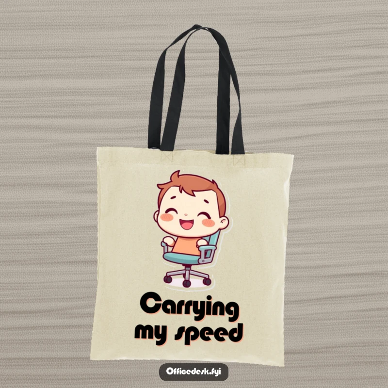 Funny tiny character with a joyful grin, riding a rolling office chair, printed on a humorous and functional tote bag.