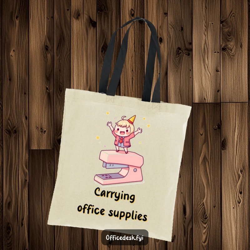Funny tote bag illustrating a character dancing on a stapler, a humorous accessory for celebrating office successes.