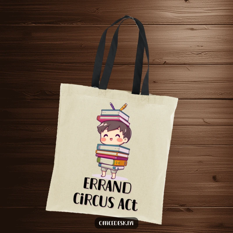 Funny tote bag showcasing a cute character joyfully balancing a wobbly assortment of office supplies, ideal for commute humor.
