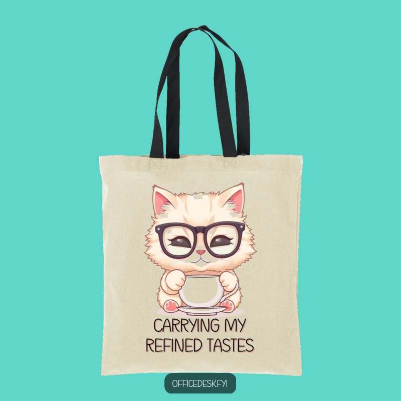 Funny Cat Glasses Tote Bag: Posh Feline Polishing Tea, Your Go-To Funny Gift