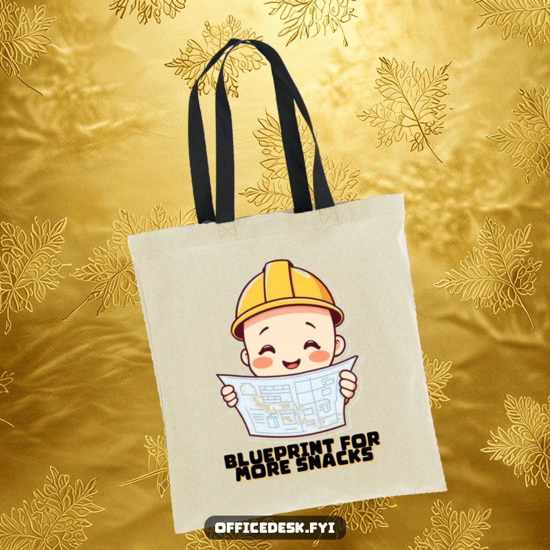 Funny construction worker smiling, hard hat, holding blueprint, tote bag, practical and funny gift.