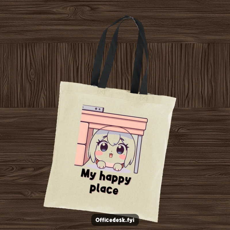 Funny tote bag depicting a surprised character hiding under a desk, eyes wide, perfect for carrying essentials with a humorous touch.