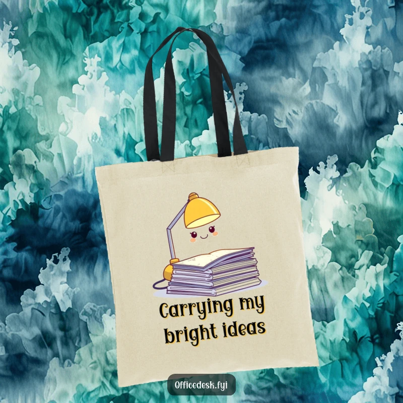 Funny desk lamp tote bag, a miniature grinning lamp character illuminating a stack of papers, stylish and humorous accessory.