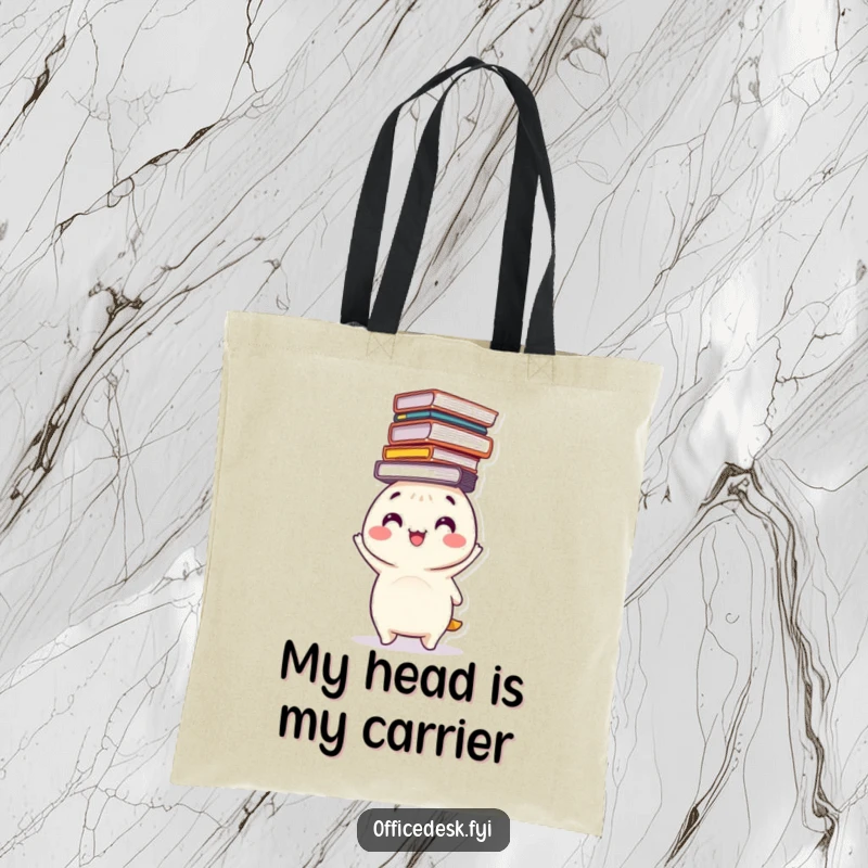 Funny tote bag with a happy character balancing a precarious stack of files on its head, ideal for humorous carrying.