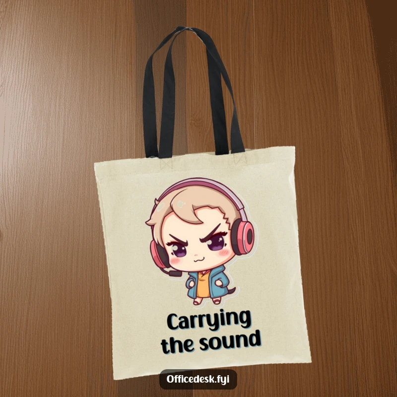 Funny tote bag featuring a mischievous fox with a smirk, wearing an oversized gaming headset, ready for any quest.