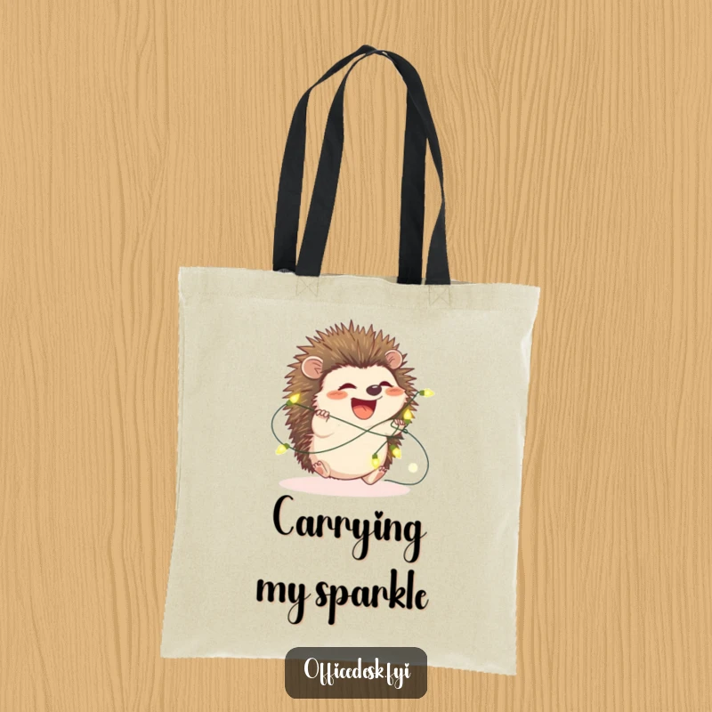 Funny hedgehog tote bag, a small hedgehog is hilariously tangled in a bright string of twinkling fairy lights, charming and funny.