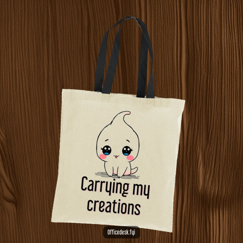 Funny tote bag featuring a kawaii pen character drawing a doodle with a flourish, perfect for carrying art supplies.