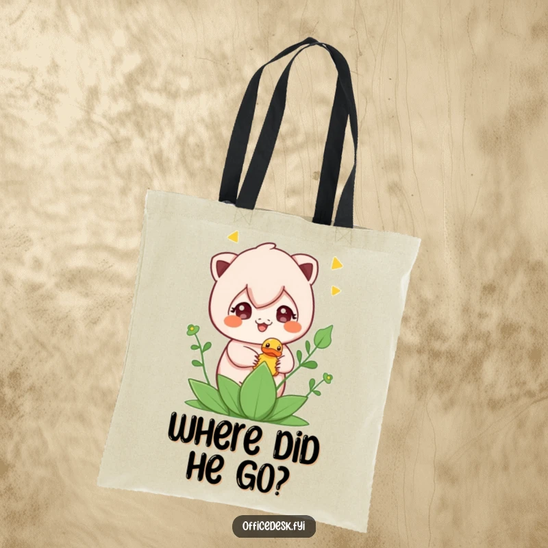Funny tote bag featuring a cute character hiding a rubber ducky in a plant, showcasing a mischievous and delightful scene.