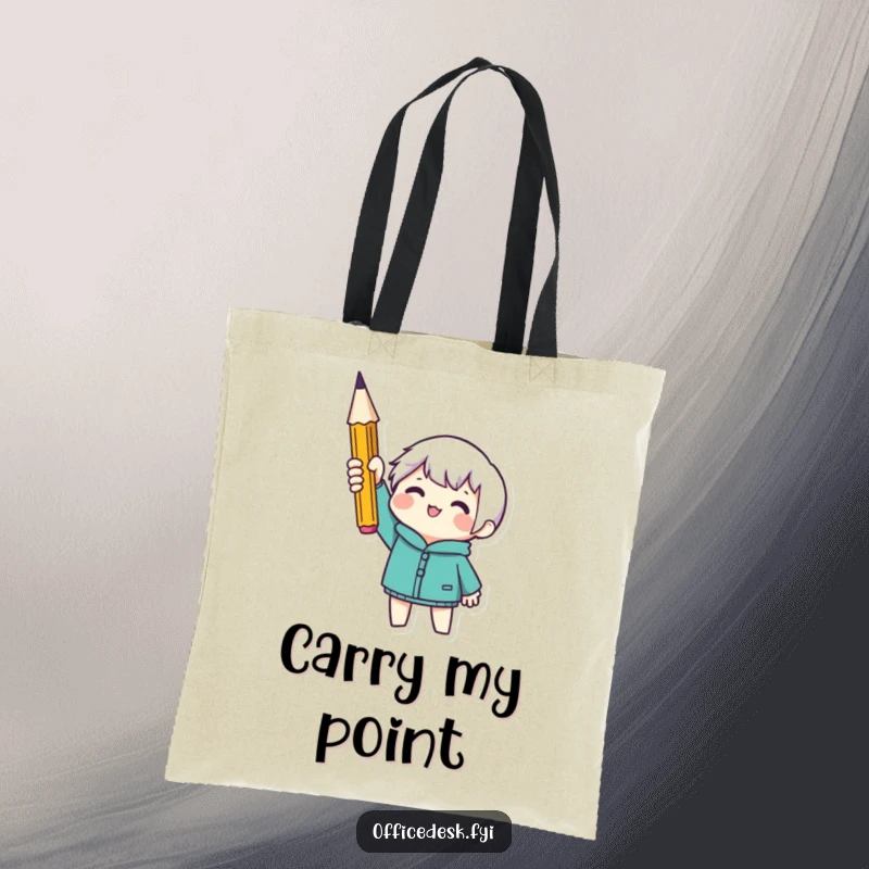 Funny tote bag with a tiny character holding a sharp pencil, embodying preparedness and carrying potential. Stylish and functional gift.