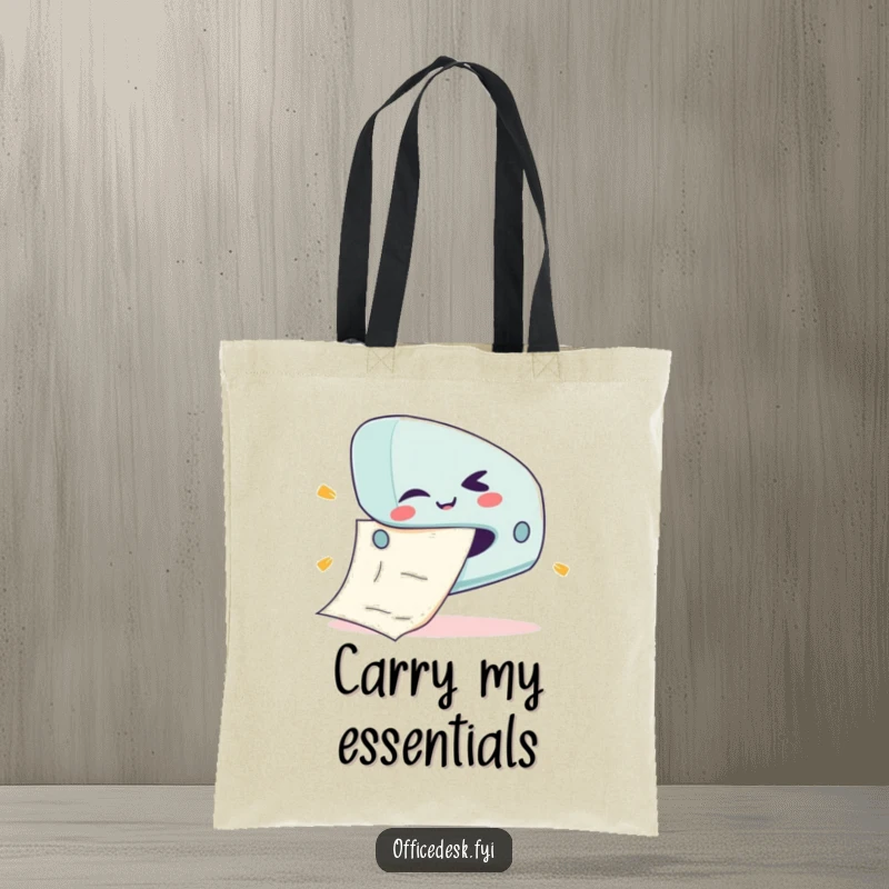 Funny tote bag featuring a cute stapler character with a mischievous wink, tackling a giant sheet of paper.