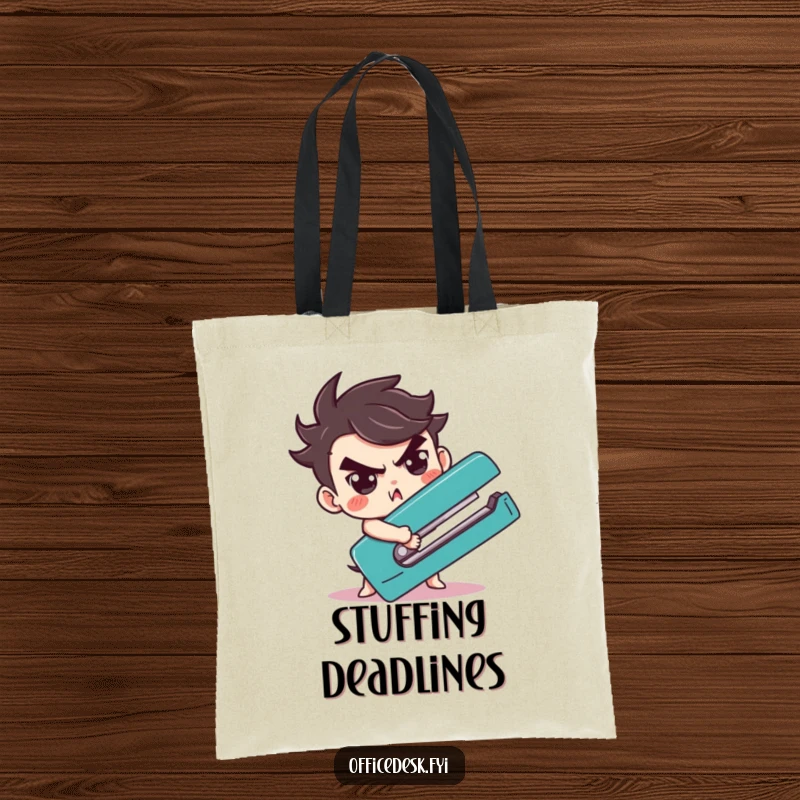 Funny character determinedly wrestling a giant stapler, printed on a humorous and functional tote bag.