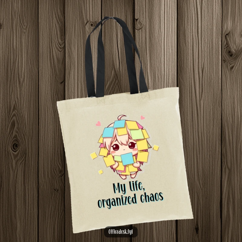 Funny cute character covered in sticky notes, looking bewildered but amused on a tote bag, great for a funny gift.