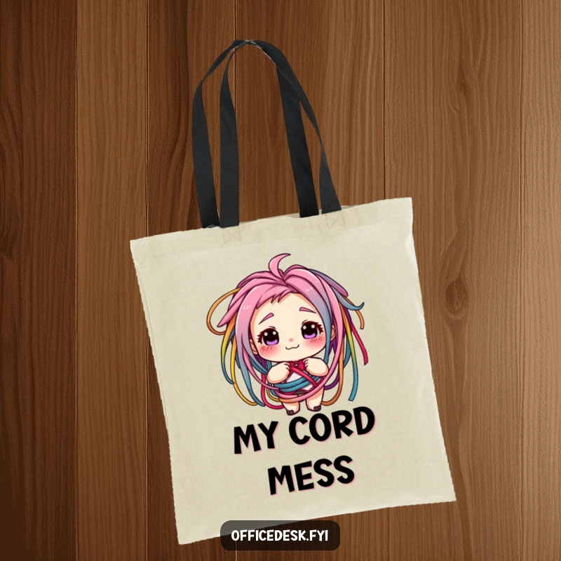 Funny tote bag with a character grinning amidst tangled cords, symbolizing the relatable challenges and quirks of tech life. Useful gift.