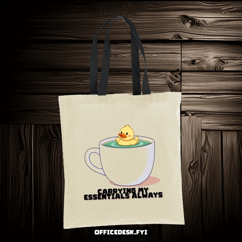 Funny tote bag featuring a tiny character with a rubber ducky happily floating in a massive coffee mug, practical and amusing.