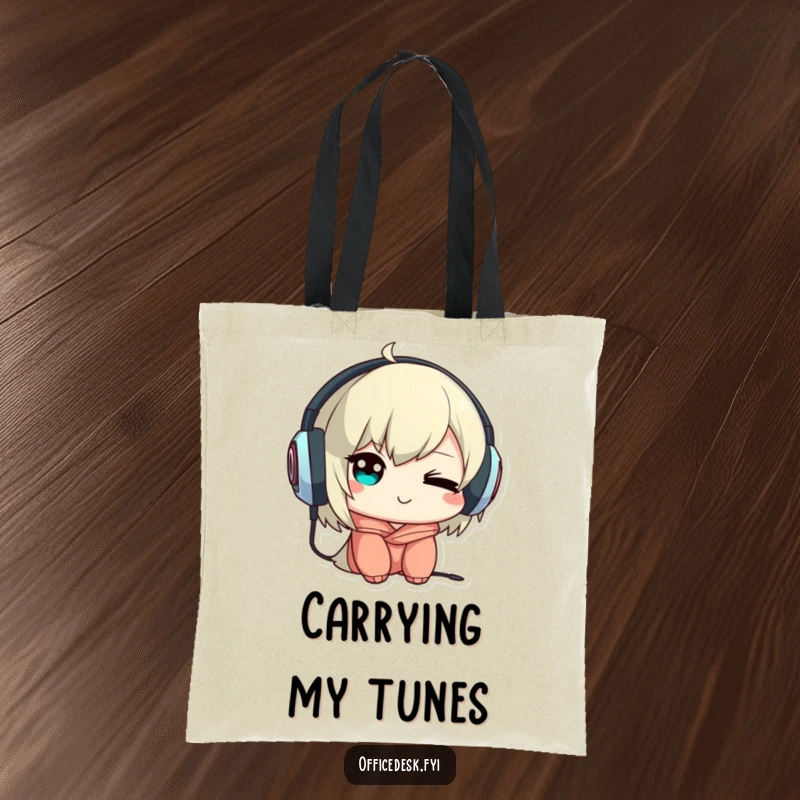 Funny tote bag with a cute character giving a mischievous wink while wearing headphones backwards, a stylish and humorous accessory.