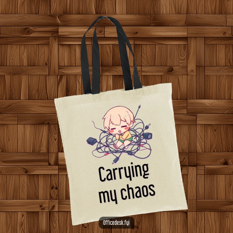 Funny tote bag illustrating a character hilariously losing balance over a dense tangle of wires, perfect for tech lovers.