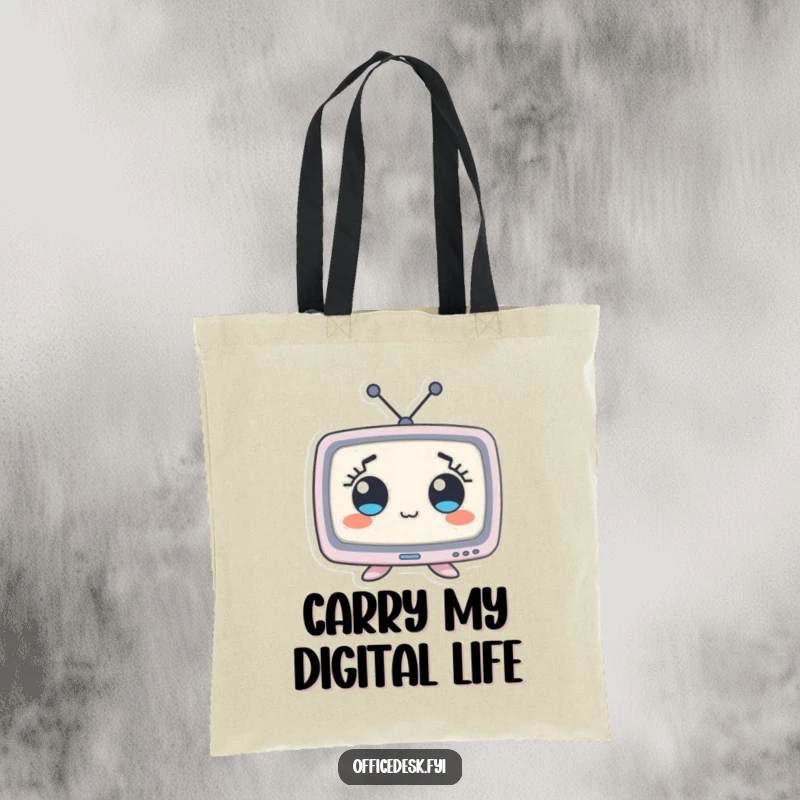 Funny tote bag featuring a tiny monitor character with large, wide eyes, creating a comical and attention-grabbing design.