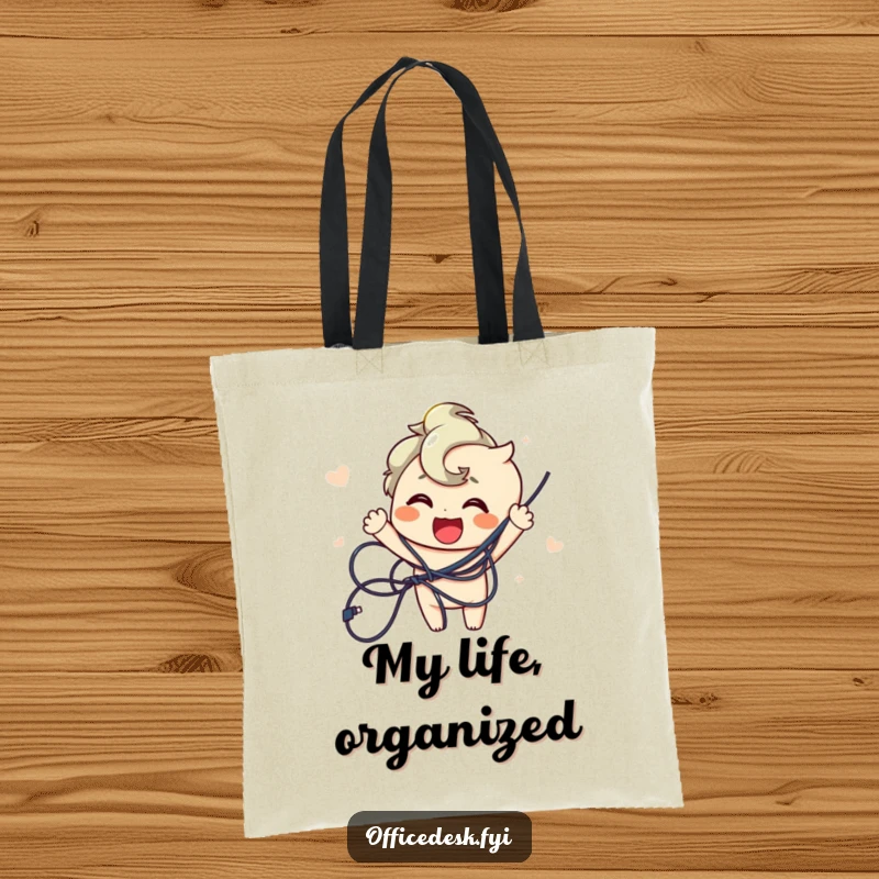Funny tote bag depicting a joyful character triumphantly untangling a large knot of wires, symbolizing organization and achievement.