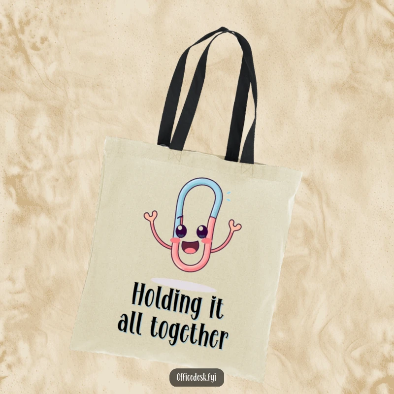 Funny tote bag with a cute paperclip character twisting into a funny, happy shape with great delight.