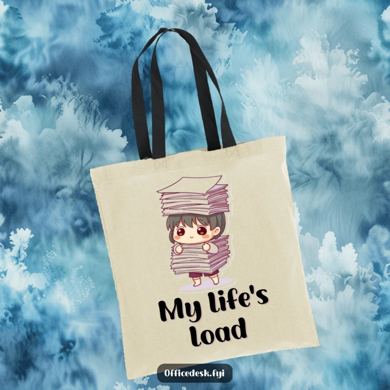 Funny Tote Bag: Cute character with intense focus balances a teetering stack of papers, representing workload challenges.