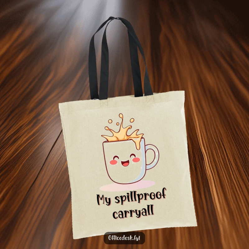Funny tote bag featuring a cute coffee mug character happily spilling liquid, adding a splash of humor.