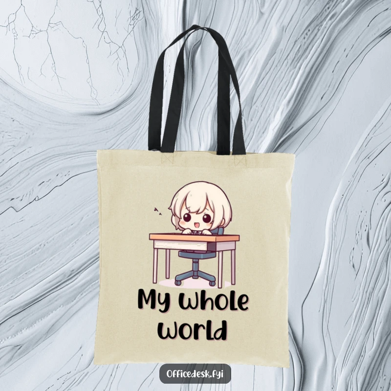 Funny tote bag showing a small character comically attempting to sit in a tiny chair, illustrating a humorous struggle.