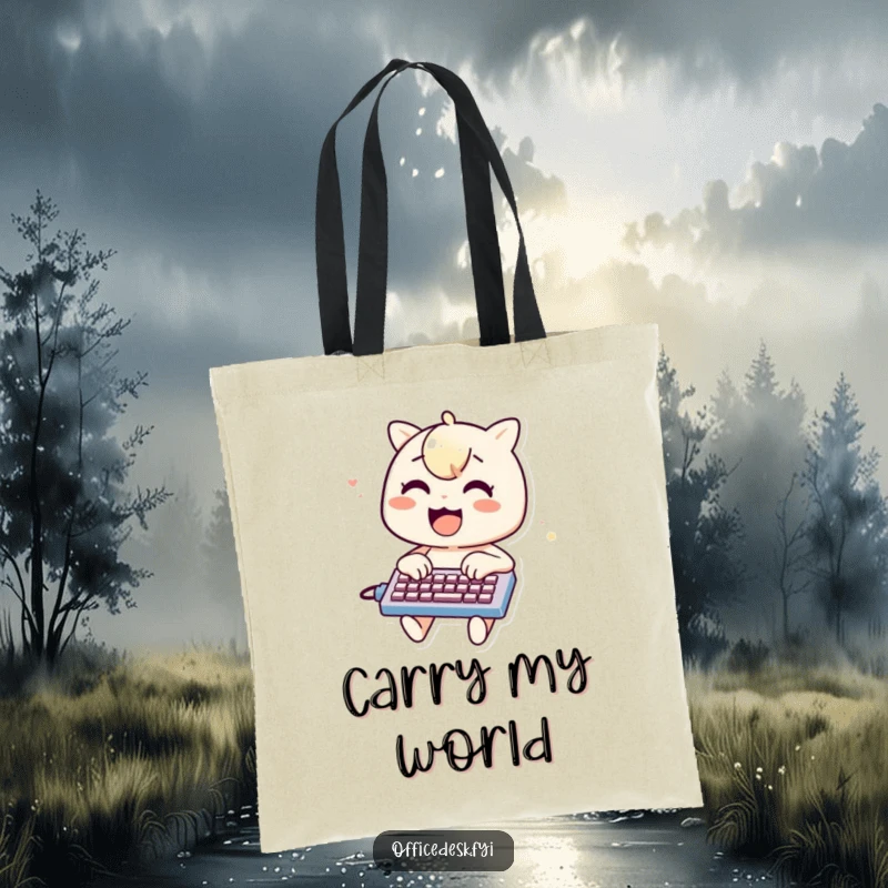 Funny tote bag with a cheerful character typing furiously on a small keyboard, practical and humorous for everyday use.